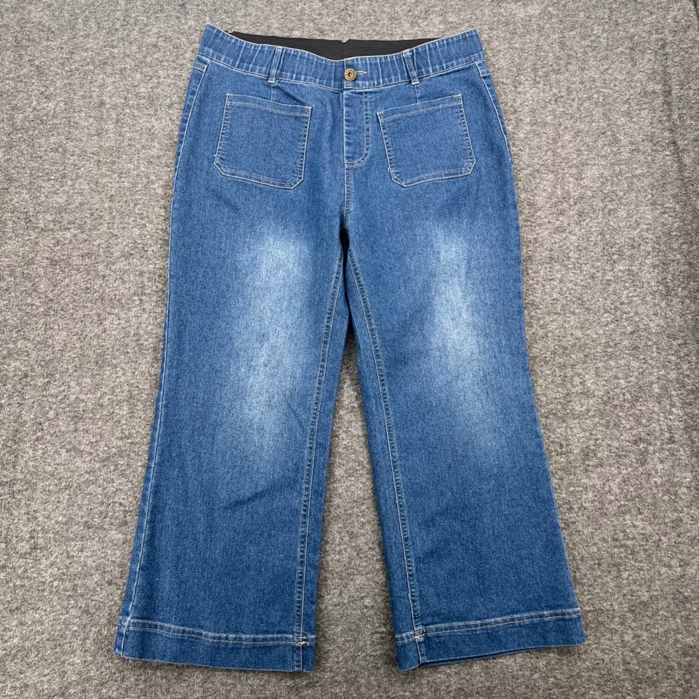 Fashion Jeans Womens Wide Leg Cropped Denim Pants Medium Wash Elastic Waist 9F/L
